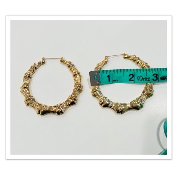 Gold Tone Large Bamboo Earrings - Picture 2 of 4